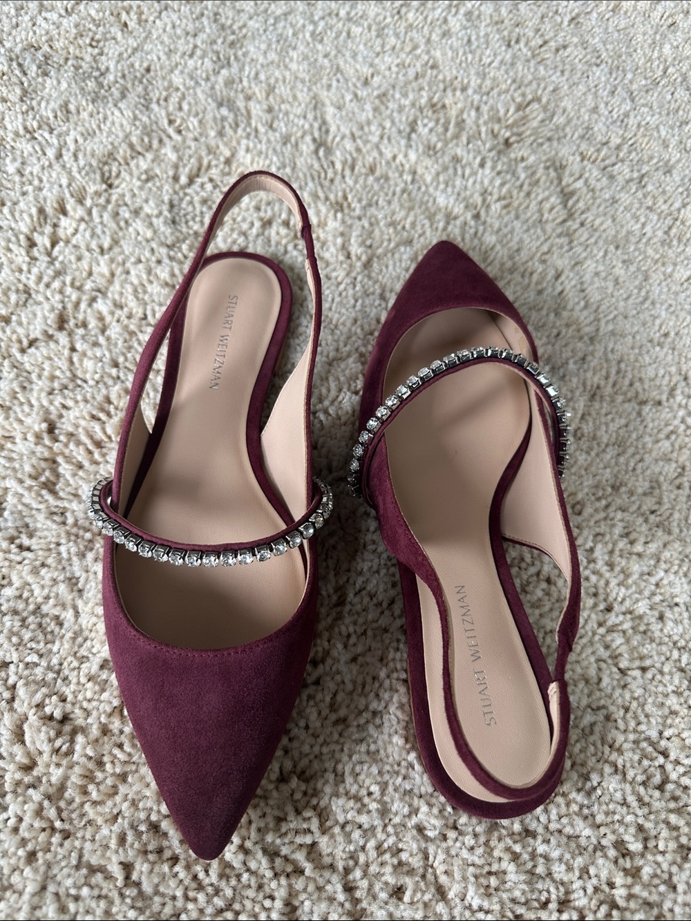 Stuart Weitzman Maroon Slingback Flats with Rhinestone Detail